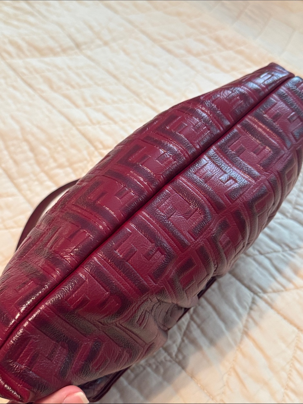 Authentic Fendi Wine Red Embossed FF Leather Shoulder Bag - Picture 8 of 12